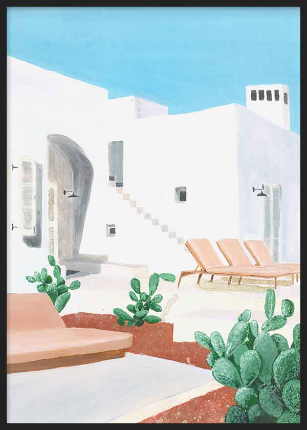Cuadro de arquitectura mediterránea con casas blancas, cielo azul intenso, tumbonas beige y cactus verdes, de estilo naturaleza y paisajes. Disponible en kudeko.com