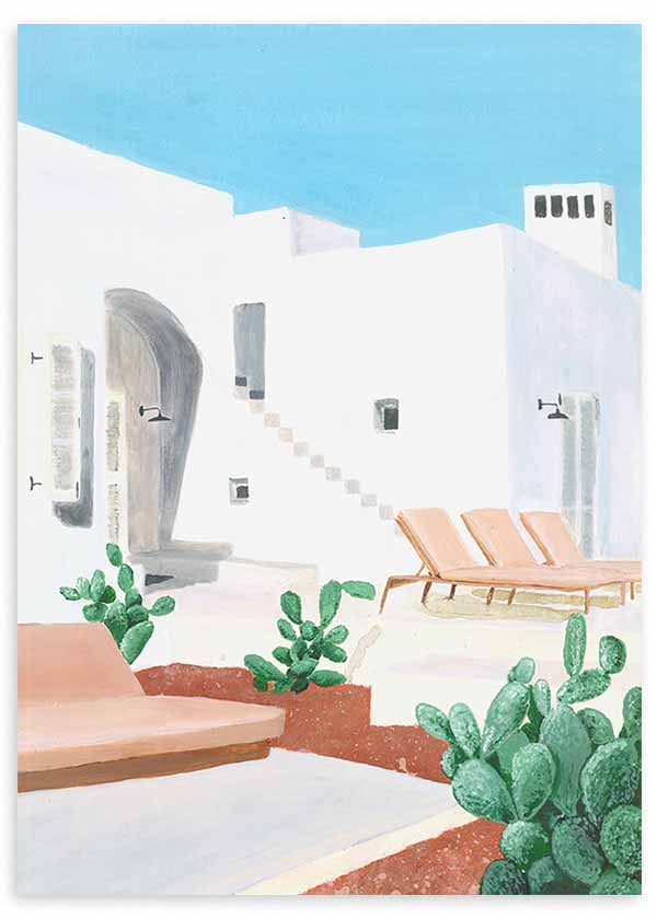 Cuadro de arquitectura mediterránea con casas blancas, cielo azul intenso, tumbonas beige y cactus verdes, de estilo naturaleza y paisajes. Disponible en kudeko.com