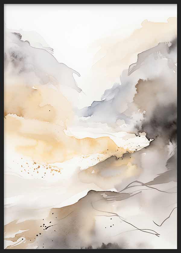 Cuadro de paisaje abstracto con montañas difusas, niebla suave, cauce claro y tonos beige, gris humo, arena y blanco, de estilo abstracto. Disponible en kudeko.com