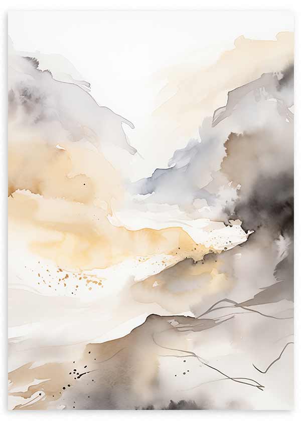 Wandbild mit abstrakter Landschaft, diffusen Bergen, sanftem Nebel, hellem Wasserlauf, in Beige, Sand, Rauchgrau und Weiß, im reduzierten abstrakten Stil. Erhältlich auf kudeko.com