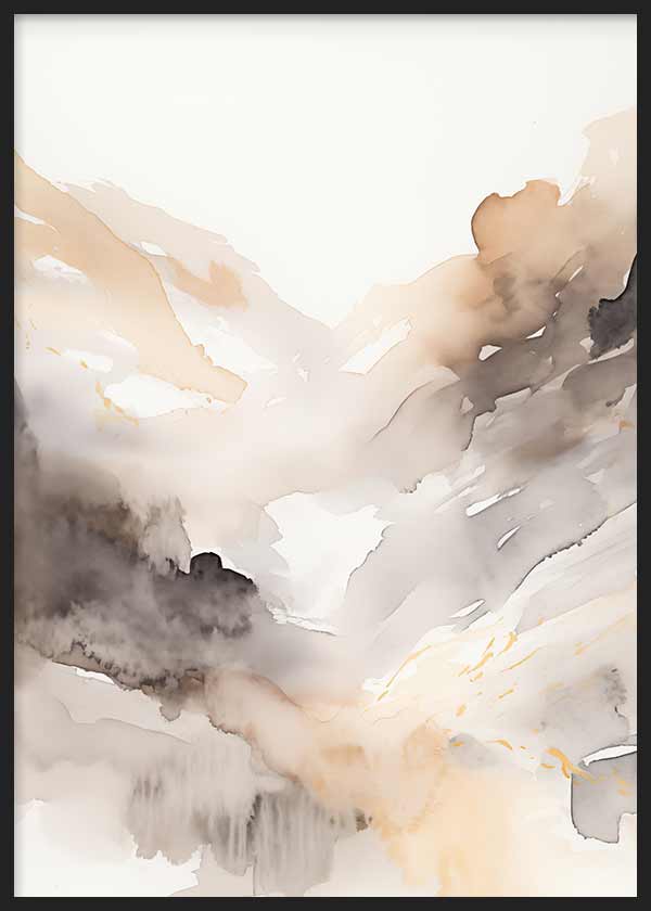 Cuadro con paisaje abstracto de montañas difusas, bruma clara y tonos beige, arena, gris humo y blanco, de estilo abstracto. Disponible en kudeko.com