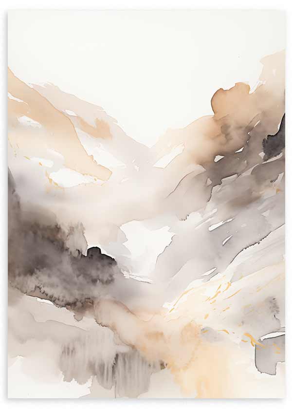 Cuadro con paisaje abstracto de montañas difusas, bruma clara y tonos beige, arena, gris humo y blanco, de estilo abstracto. Disponible en kudeko.com