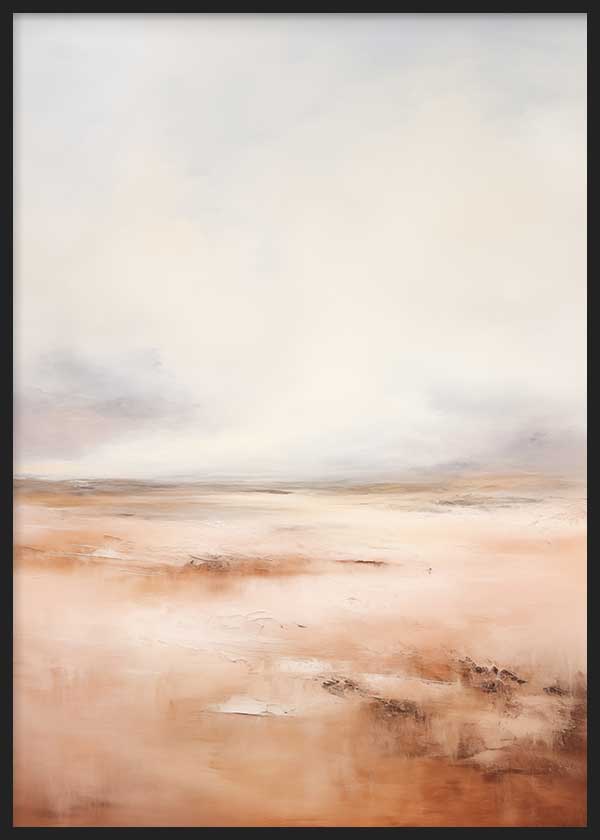 Cuadro de paisaje abstracto con horizonte difuso, suelo etéreo, tonos arena, terracota, blanco roto y grises suaves, de estilo abstracto. Disponible en kudeko.com