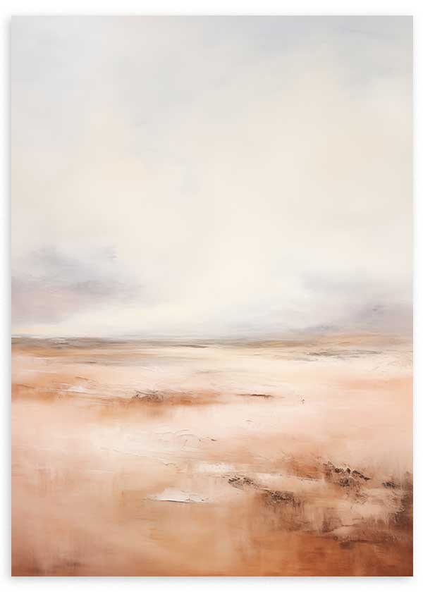 Wandbild mit abstrakter Landschaft, verschwommenem Horizont, ätherischer Fläche, Sand, Terrakotta, Off-White und weichen Grautönen im abstrakten Stil als gerahmte Wanddekoration. Erhältlich auf kudeko.com