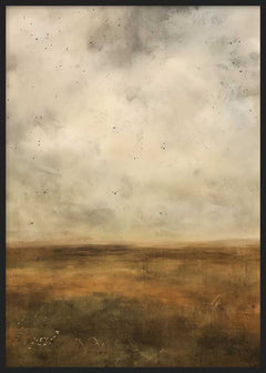 Wandbild mit abstrakter Landschaft, diffusem Himmel, offenem Horizont und Ebene in Beige, Sand, Ocker und Braun, in einem ruhigen abstrakten Stil mit natürlichen Formen. Erhältlich auf kudeko.com