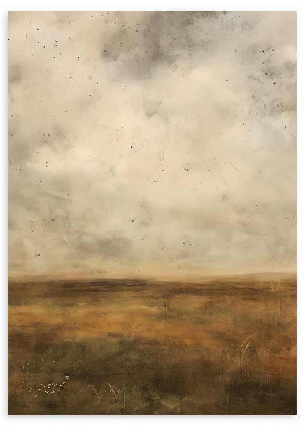 Cuadro de paisaje abstracto con cielo difuso, horizonte abierto y llanura en tonos beige, arena, ocre y marrón, de estilo abstracto. Disponible en kudeko.com