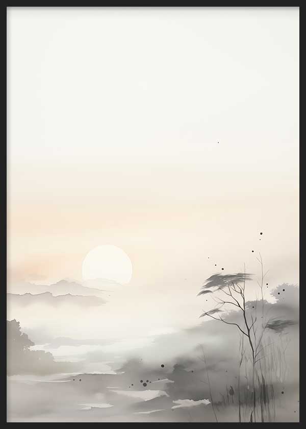 Cuadro de paisaje con amanecer brumoso, sol tenue, montañas suaves, agua tranquila, árboles delicados en gris, beige y crema, de estilo naturaleza y paisajes. Disponible en kudeko.com
