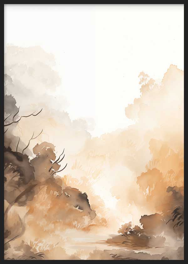 Wandbild mit nebliger Waldlandschaft, sanften Bäumen und diffuser Vegetation in Beige, Sand, Braun und Weiß, im ruhigen Natur- und Landschaftsstil für eine harmonische Wandgestaltung. Erhältlich auf kudeko.com