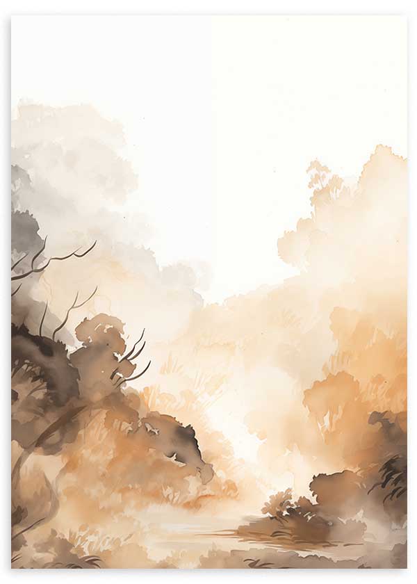 Wandbild mit nebliger Waldlandschaft, sanften Bäumen und diffuser Vegetation in Beige, Sand, Braun und Weiß, im ruhigen Natur- und Landschaftsstil für eine harmonische Wandgestaltung. Erhältlich auf kudeko.com