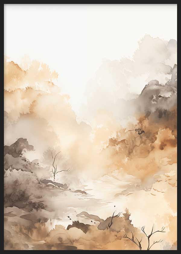 Wandbild mit diffuser Baumgruppe, sanftem Flusslauf, feinen Ästen, Beige, Sand, Creme und Rauchbraun, im natürlichen Landschaftsstil mit ruhiger, heller Wirkung. Erhältlich auf kudeko.com