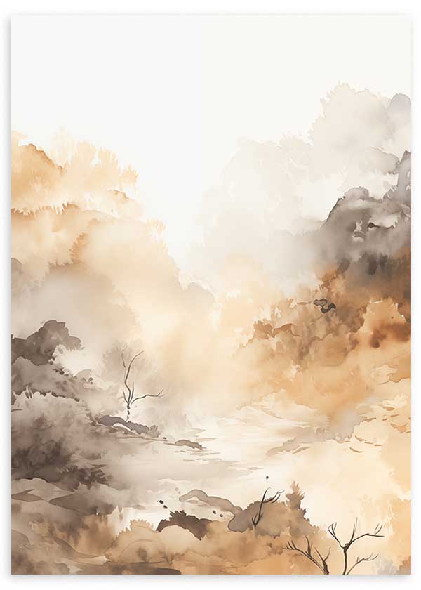 Quadro de paisagem com arvoredo difuso, rio suave, ramos finos, tons bege, areia, creme e castanho fumado, em estilo natureza e paisagem de composição leve. Disponível em kudeko.com