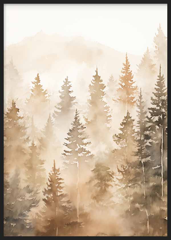 Cuadro de bosque de coníferas entre bruma en tonos beige, arena, topo y marrón suave, con estilo naturaleza y paisajes. Disponible en kudeko.com