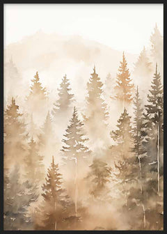 Quadro de floresta de coníferas entre névoa em tons bege, areia, taupe e castanho fumado, com estilo natureza e paisagem sereno. Disponível em kudeko.com