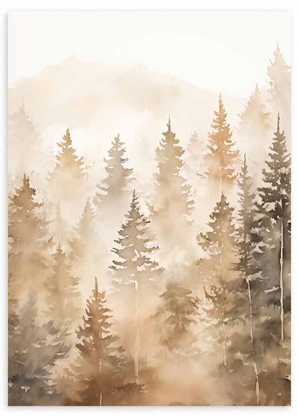 Wandbild mit Nadelwald im Nebel in Beige, Sand, Taupe und Rauchbraun, im ruhigen Natur- und Landschaftsstil mit weicher Tiefenwirkung. Erhältlich auf kudeko.com