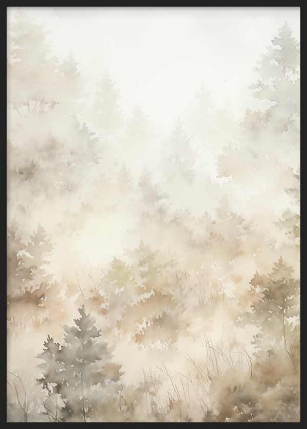 Tableau encadré avec paysage d’arbres diffus dans la brume, arbustes délicats, tons beige, sable, gris clair et blanc cassé, style nature et paysage apaisé. Disponible sur kudeko.com