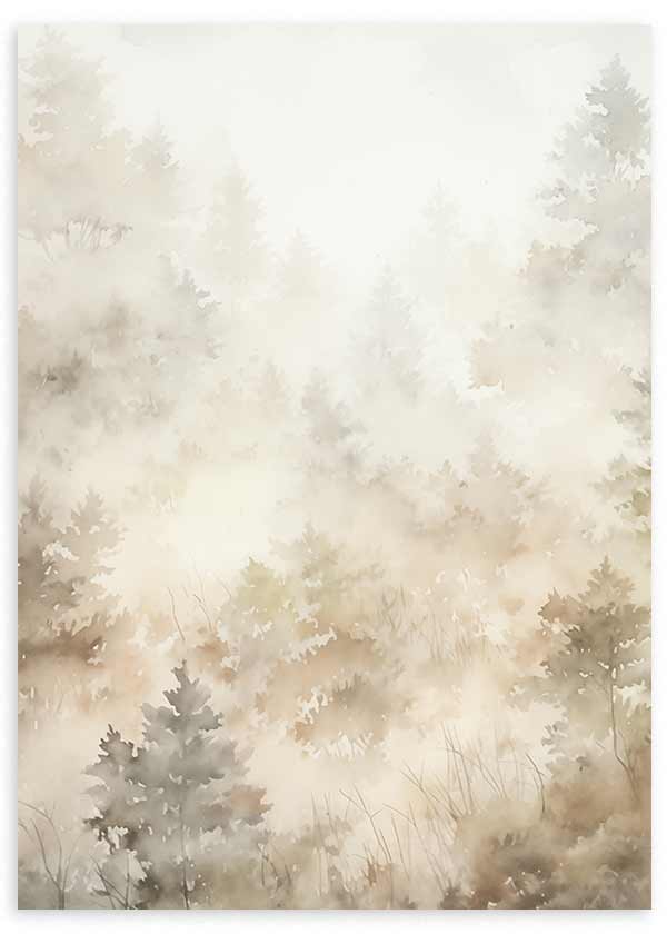 Quadro emoldurado com paisagem de árvores difusas entre nevoeiro, arbustos suaves, tons de bege, areia, cinza claro e branco quebrado, em estilo natureza e paisagem. Disponível em kudeko.com
