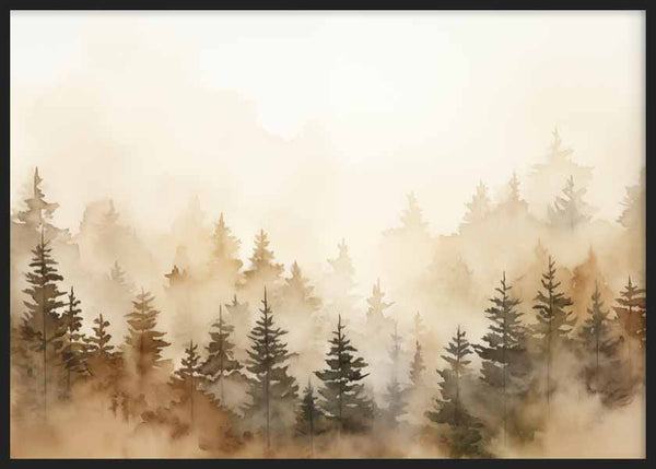 Cuadro horizontal con bosque de pinos entre bruma, tonos beige, marrón, gris y negro, composición etérea de estilo naturaleza y paisajes. Disponible en kudeko.com