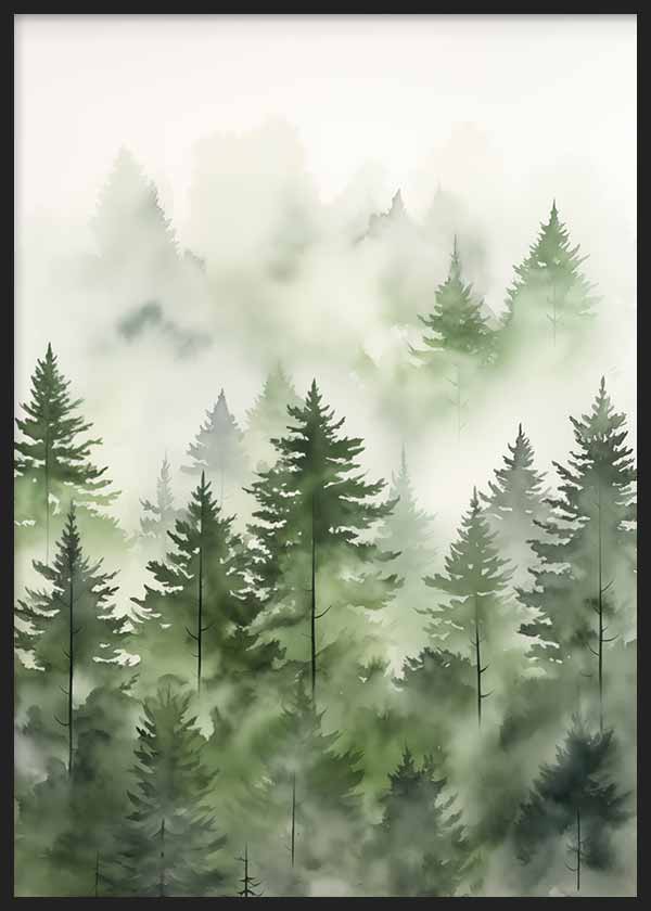 Cuadro de bosque de coníferas entre niebla, en tonos verdes suaves, gris tenue y fondo claro, con estilo naturaleza y paisajes. Disponible en kudeko.com