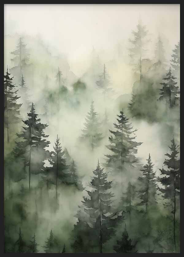 Cuadro de bosque con pinos entre niebla, capas de árboles en verde salvia, gris suave y beige, de estilo naturaleza y paisajes. Disponible en kudeko.com