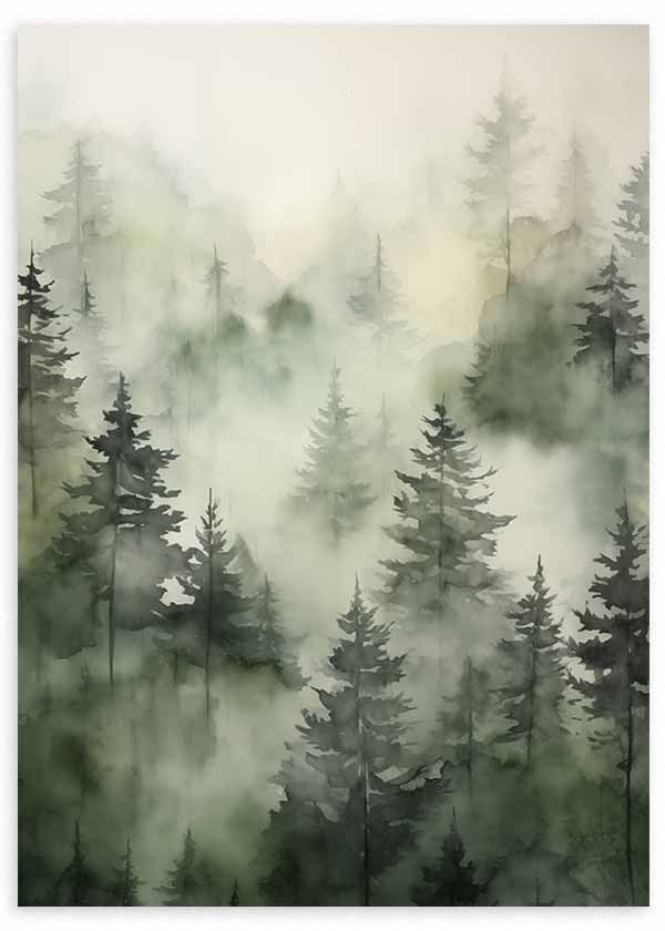 Tableau encadré représentant une forêt de pins dans la brume, avec couches d’arbres en vert sauge, gris doux et beige clair, dans un style nature et paysage. Disponible sur kudeko.com