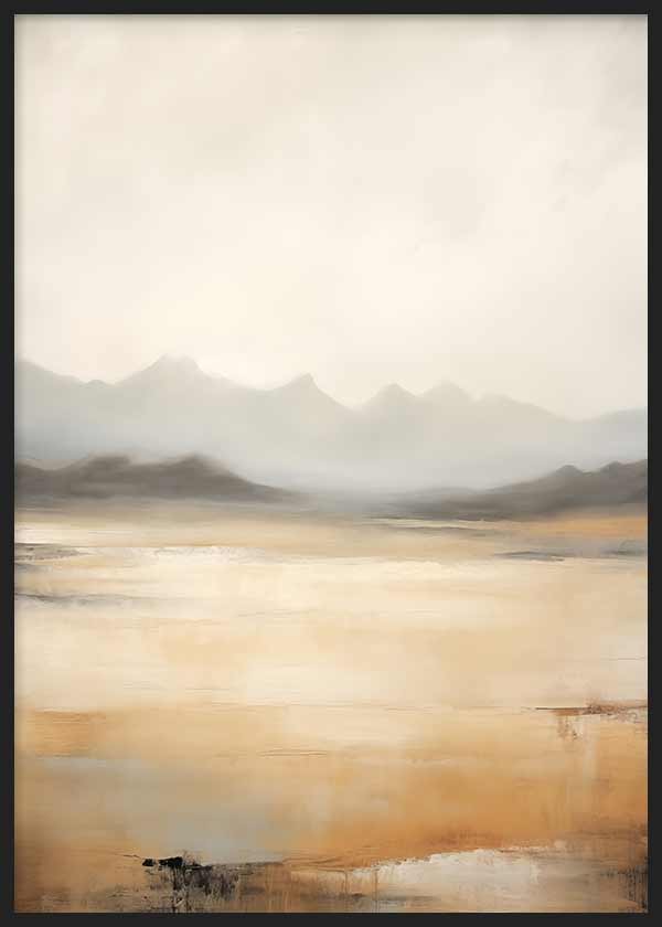 Cuadro de paisaje con montañas suaves al fondo, lago luminoso en tonos dorados, beige y gris, de estilo naturaleza y paisajes. Disponible en kudeko.com
