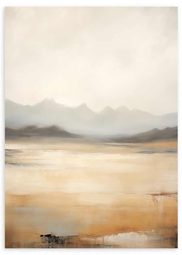 Cuadro de paisaje con montañas suaves al fondo, lago luminoso en tonos dorados, beige y gris, de estilo naturaleza y paisajes. Disponible en kudeko.com