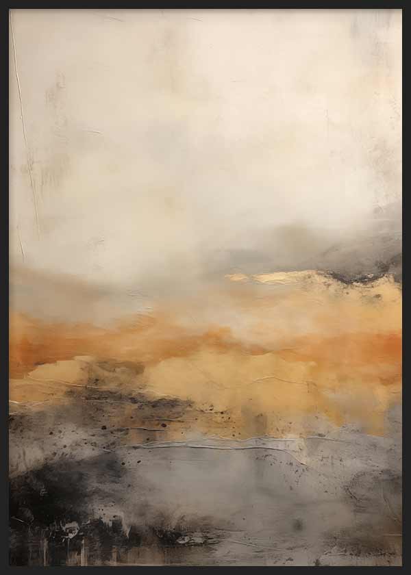 Cuadro con paisaje abstracto en tonos beige, dorado, gris y negro, con atmósfera brumosa, contrastes suaves y estilo abstracto elegante. Disponible en kudeko.com