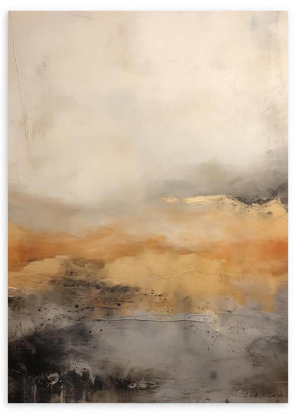 Cuadro con paisaje abstracto en tonos beige, dorado, gris y negro, con atmósfera brumosa, contrastes suaves y estilo abstracto elegante. Disponible en kudeko.com