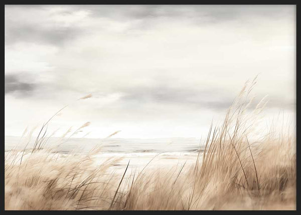 Cuadro horizontal de paisaje costero con dunas de hierba seca, mar sereno, cielo nublado y tonos beige, arena, gris y blanco, de estilo naturaleza y paisajes. Disponible en kudeko.com