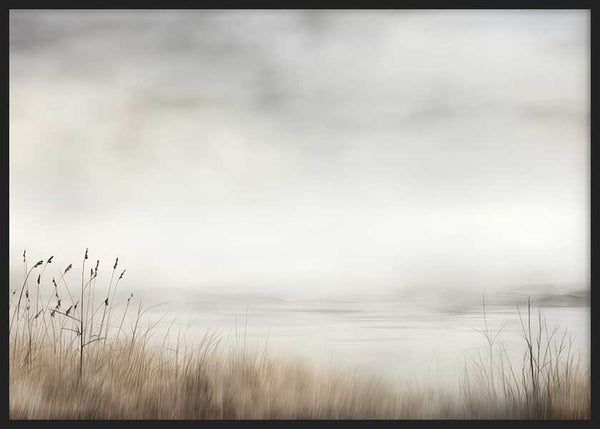 Cuadro horizontal de paisaje de lago brumoso con juncos silvestres, horizonte suave, tonos beige, gris claro y blanco, de estilo naturaleza y paisajes. Disponible en kudeko.com