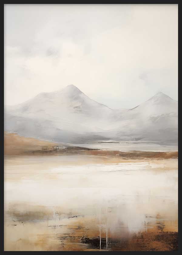 Cuadro con paisaje de montañas difusas, lago tranquilo, niebla suave y tonos beige, gris claro, blanco roto y marrón, de estilo naturaleza y paisajes. Disponible en kudeko.com
