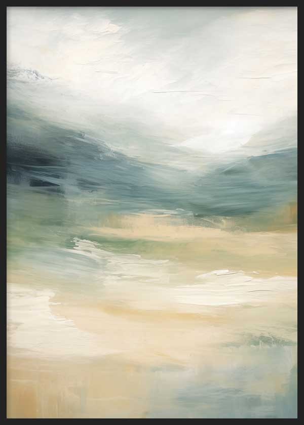 Cuadro con paisaje abstracto en tonos azul verdoso, beige arena, blanco roto y gris suave, con efecto brumoso y luz difusa de estilo abstracto. Disponible en kudeko.com
