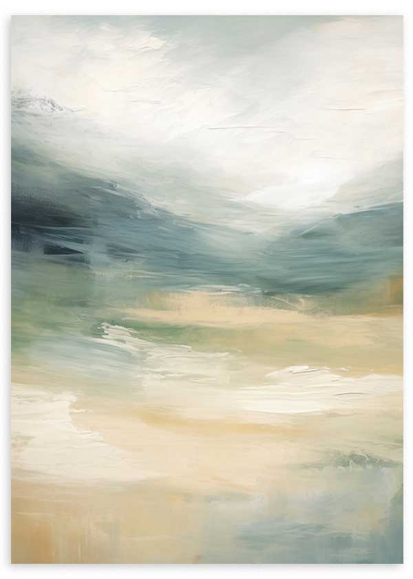Cuadro con paisaje abstracto en tonos azul verdoso, beige arena, blanco roto y gris suave, con efecto brumoso y luz difusa de estilo abstracto. Disponible en kudeko.com