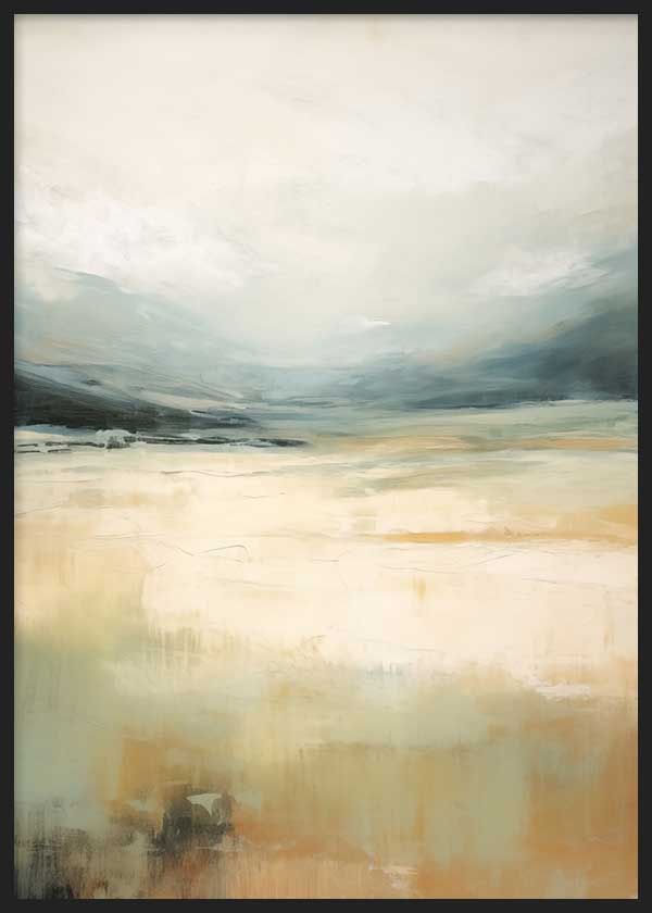 Cuadro con paisaje abstracto de horizonte nebuloso, cielo claro y campos difusos en tonos beige, crema, azul grisáceo y arena, de estilo abstracto. Disponible en kudeko.com