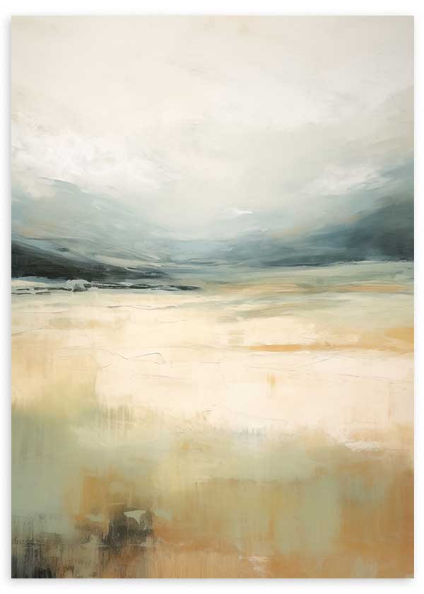 Cuadro con paisaje abstracto de horizonte nebuloso, cielo claro y campos difusos en tonos beige, crema, azul grisáceo y arena, de estilo abstracto. Disponible en kudeko.com