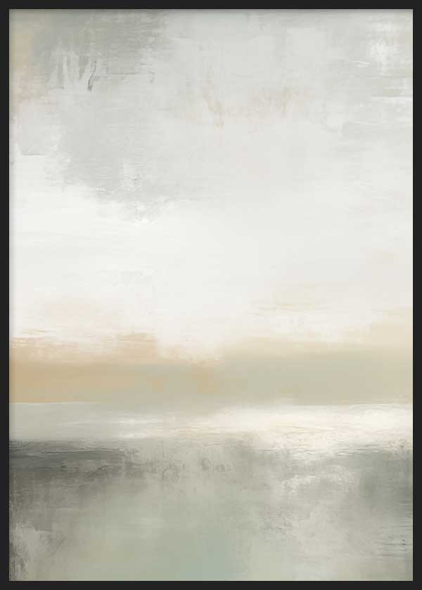 Quadro com paisagem abstrata, horizonte enevoado, reflexos suaves, tons bege, cinzento-pérola, branco sujo e verde acinzentado, num estilo abstrato sereno e contemporâneo. Disponível em kudeko.com