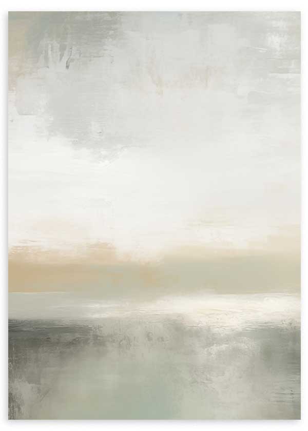 Quadro com paisagem abstrata, horizonte enevoado, reflexos suaves, tons bege, cinzento-pérola, branco sujo e verde acinzentado, num estilo abstrato sereno e contemporâneo. Disponível em kudeko.com