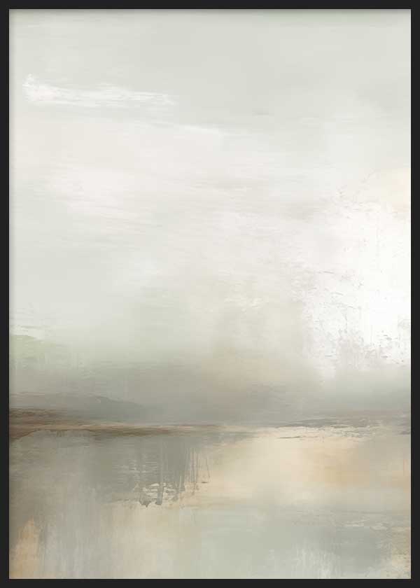 Quadro de estilo abstrato em tons de verde e cinzento, paisagem abstrata com efeito aguarela, ambiente decorativo suave e contemporâneo. Disponível em kudeko.com