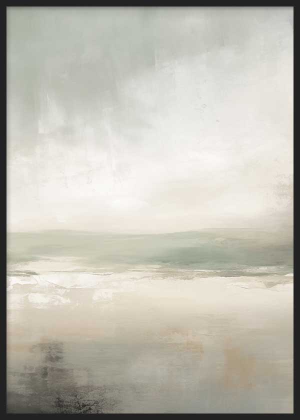 Quadro emoldurado com paisagem abstrata, horizonte suave, água serena e tons de bege, cinzento claro, branco quebrado e verde salva, em estilo abstrato e leve. Disponível em kudeko.com