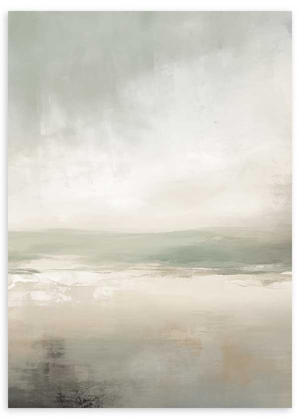 Quadro emoldurado com paisagem abstrata, horizonte suave, água serena e tons de bege, cinzento claro, branco quebrado e verde salva, em estilo abstrato e leve. Disponível em kudeko.com