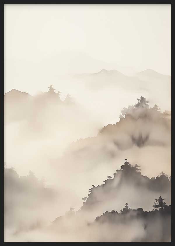 Cuadro con paisaje de montañas difusas entre niebla beige, gris topo y marrón suave, con árboles en capas y estilo naturaleza y paisajes. Disponible en kudeko.com