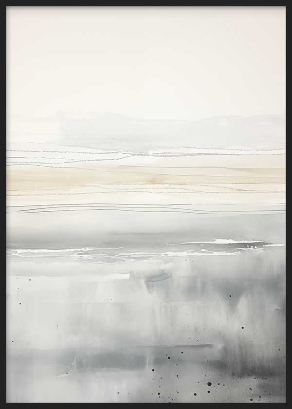 Cuadro con paisaje marino abstracto de horizonte difuso, agua en tonos gris suave, beige arena y blanco, con atmósfera serena y elegante. Disponible en kudeko.com