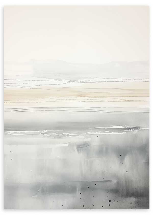 Cuadro con paisaje marino abstracto de horizonte difuso, agua en tonos gris suave, beige arena y blanco, con atmósfera serena y elegante. Disponible en kudeko.com