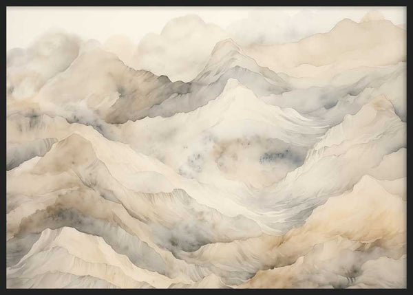 Cuadro horizontal de montañas difusas entre niebla, con capas suaves en beige, arena, gris humo y marfil, de estilo naturaleza y paisajes. Disponible en kudeko.com