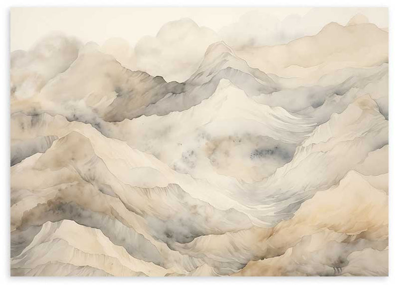 Cuadro horizontal de montañas difusas entre niebla, con capas suaves en beige, arena, gris humo y marfil, de estilo naturaleza y paisajes. Disponible en kudeko.com