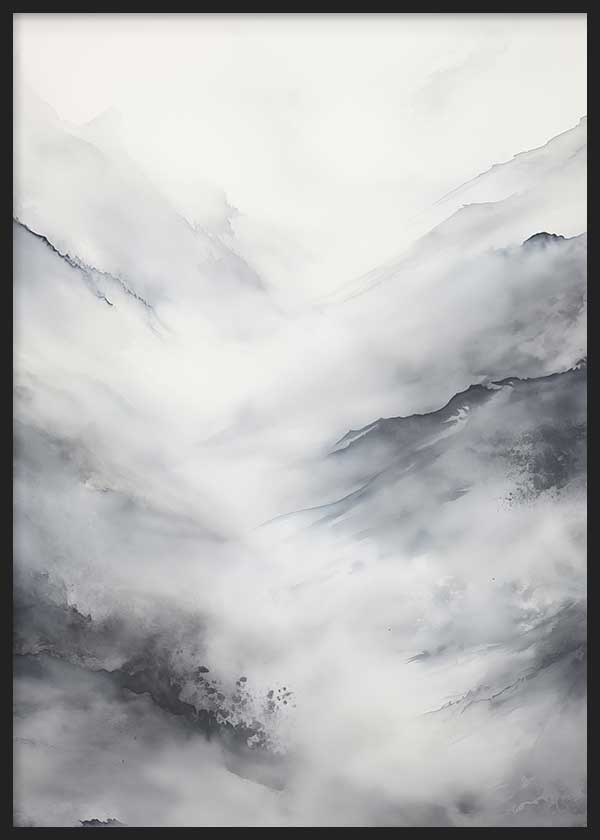 Cuadro con paisaje de montañas entre niebla, en tonos gris humo, blanco suave y antracita, con composición etérea de estilo naturaleza y paisajes. Disponible en kudeko.com