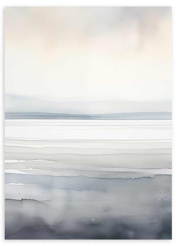 Gerahmtes Wandbild mit nebliger Landschaft, diffusem Horizont, weichen Wolken und Flächen in Graublau, Cremeweiß und Hellbeige, im ruhigen Natur- und Landschaftsstil. Erhältlich auf kudeko.com