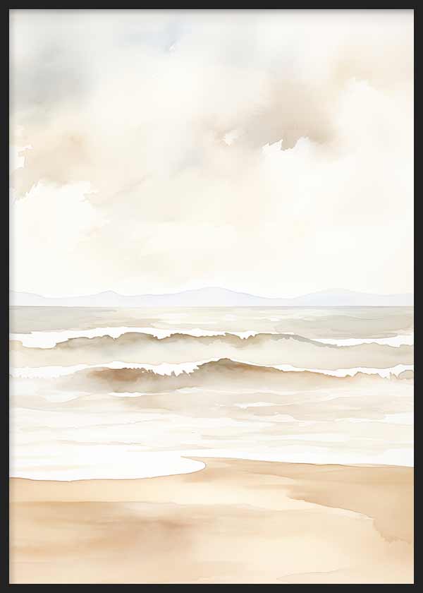 Cuadro con paisaje de playa sereno, olas suaves, arena beige, cielo brumoso y horizonte difuso en tonos crema, gris claro y arena, de estilo naturaleza y paisajes. Disponible en kudeko.com