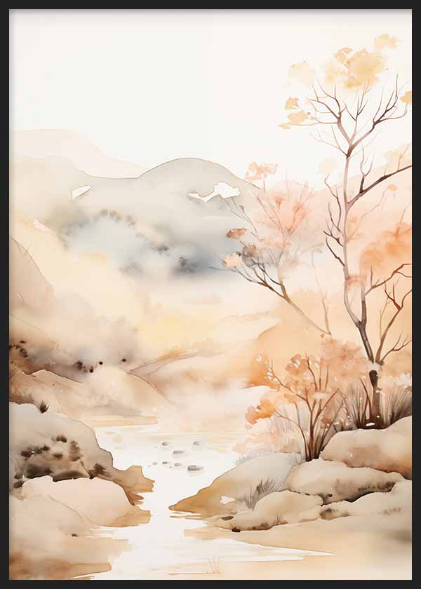 Cuadro de paisaje con río claro, colinas suaves, árboles delicados y tonos beige, crema, gris y naranja melocotón, de estilo naturaleza y paisajes. Disponible en kudeko.com