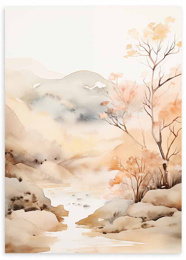 Cuadro de paisaje con río claro, colinas suaves, árboles delicados y tonos beige, crema, gris y naranja melocotón, de estilo naturaleza y paisajes. Disponible en kudeko.com